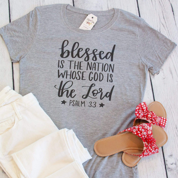 ellyandgrace 880 Blessed is the Nation Whose God is the Lord Ladies Short Sleeve Shirt
