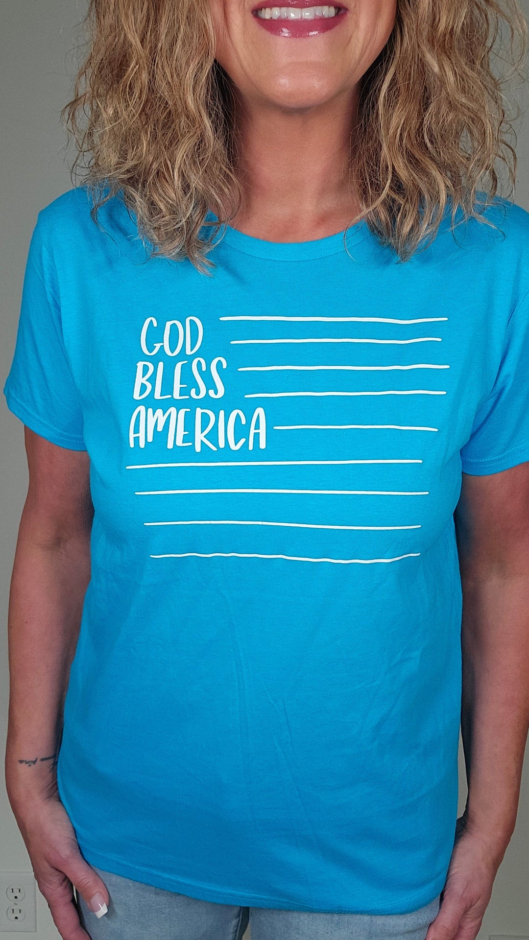 ellyandgrace 880 God Bless America Ladies Short Sleeve Shirt