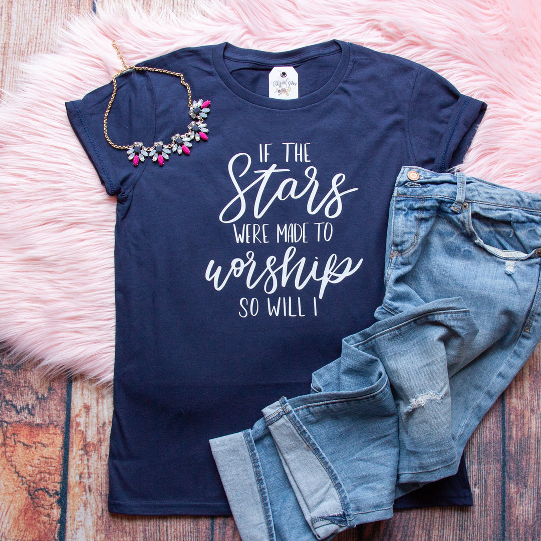 ellyandgrace 880 Ladies Small / Navy If the Stars Were Made to Worship So Will I Ladies Short Sleeve Shirt