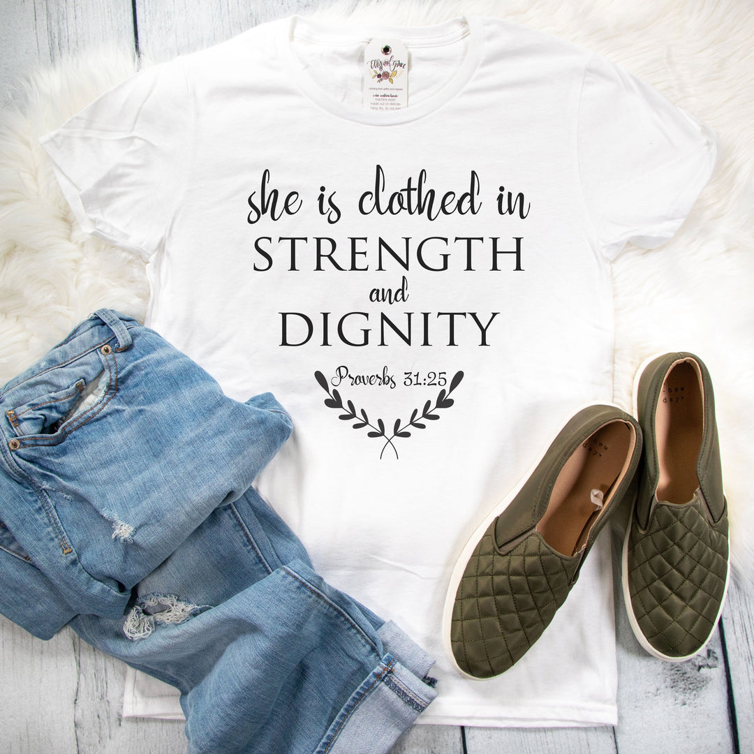 ellyandgrace 880 She is Clothed in Strength and Dignity Ladies Short Sleeve Shirt
