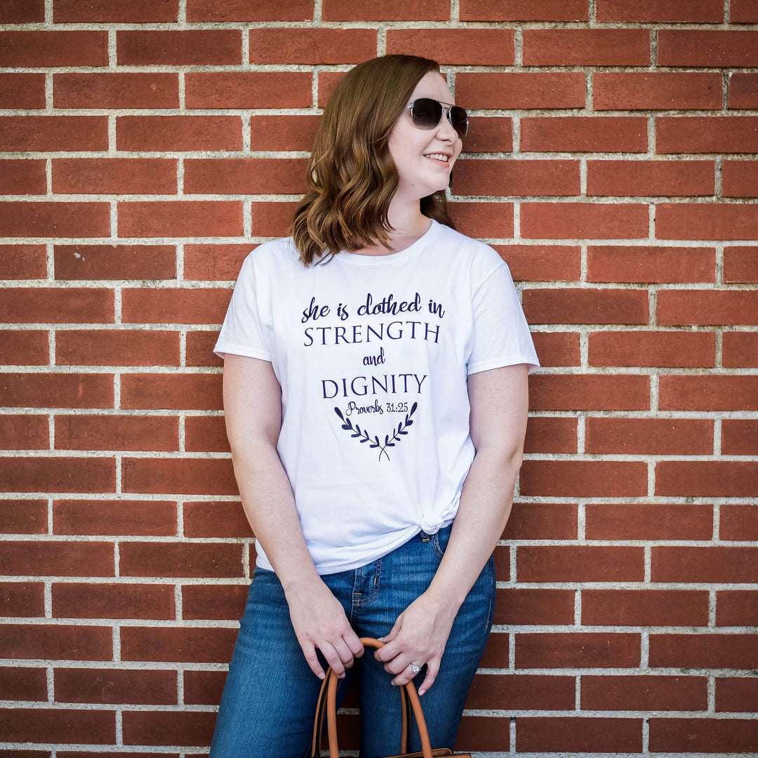 ellyandgrace 880 She is Clothed in Strength and Dignity Ladies Short Sleeve Shirt