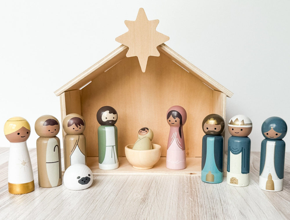 ellyandgrace Doll Christmas Wooden Nativity & Christian Baby Jesus Book Set