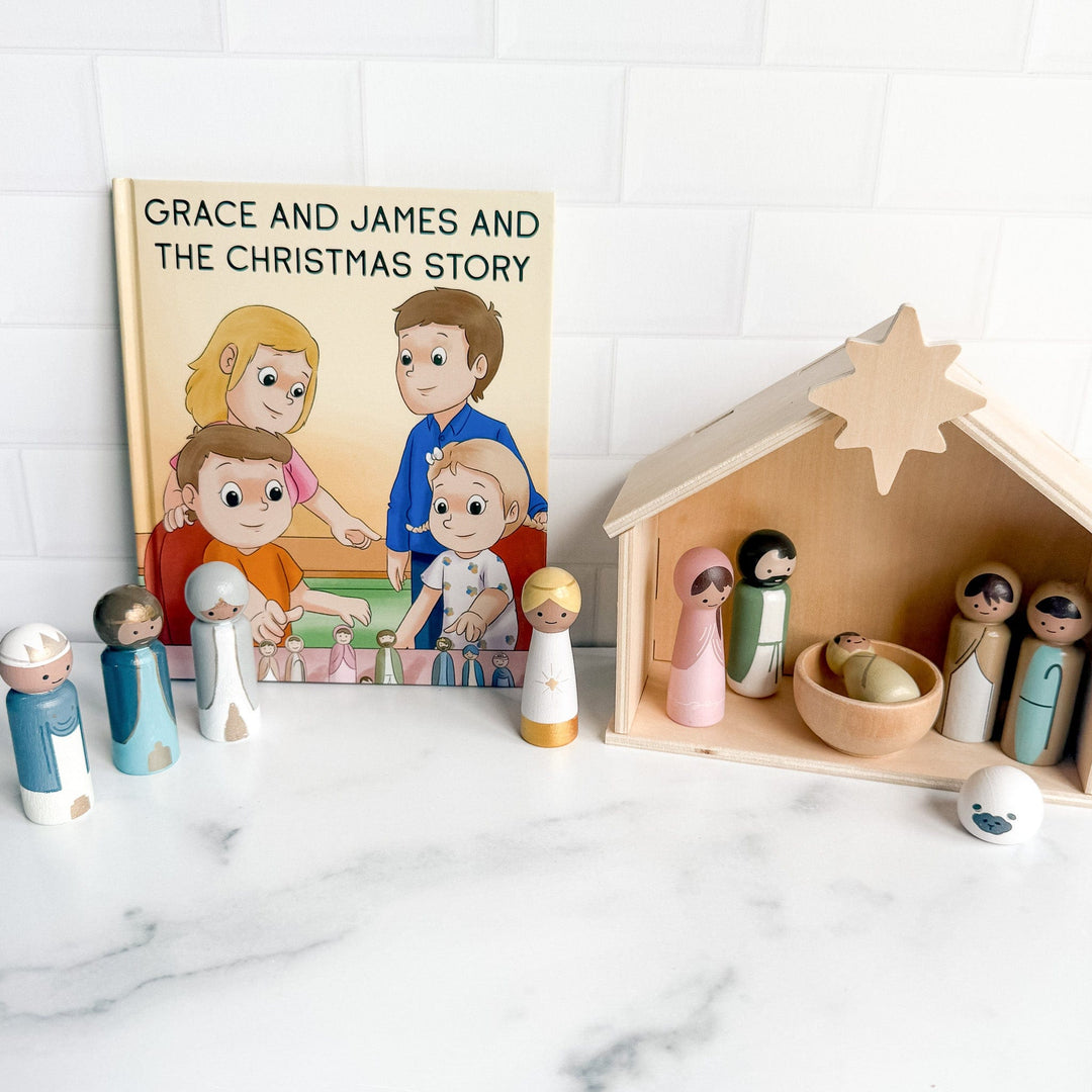 ellyandgrace Doll Christmas Wooden Nativity & Christian Baby Jesus Book Set - PREORDER