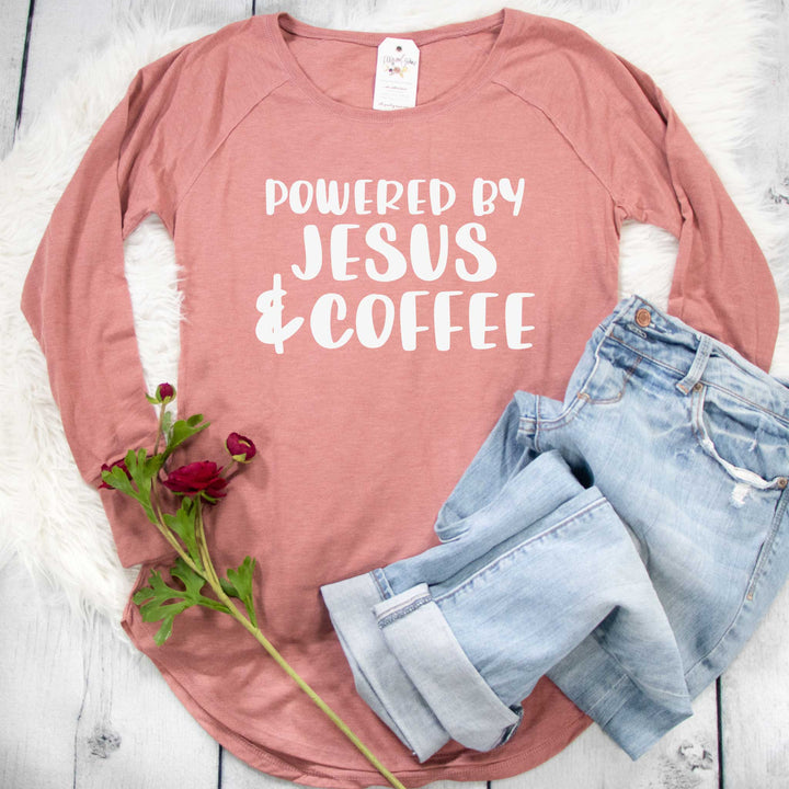 ellyandgrace DT132L Ladies XS / Blush Frost Powered by Jesus and Coffee Tunic Tee