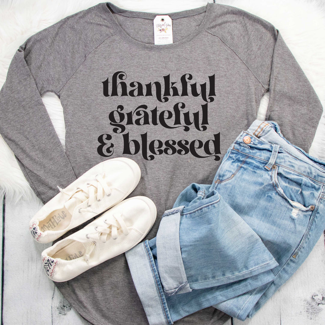 ellyandgrace DT132L Ladies XS / Grey Frost Thankful Grateful & Blessed Tunic Tee