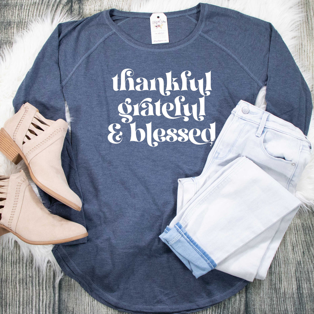 ellyandgrace DT132L Ladies XS / Navy Frost Thankful Grateful & Blessed Tunic Tee