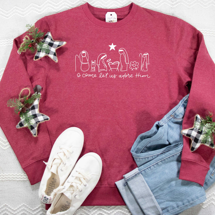 ellyandgrace DT6104 Unisex XS / Heather Cardinal Manger O Come Let Us Adore Him Classic Sweatshirt