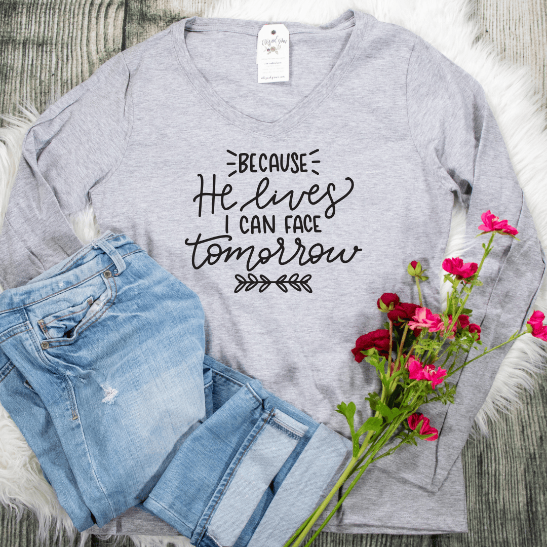 ellyandgrace LPC450VLS Because He Lives Longsleeve V-Neck