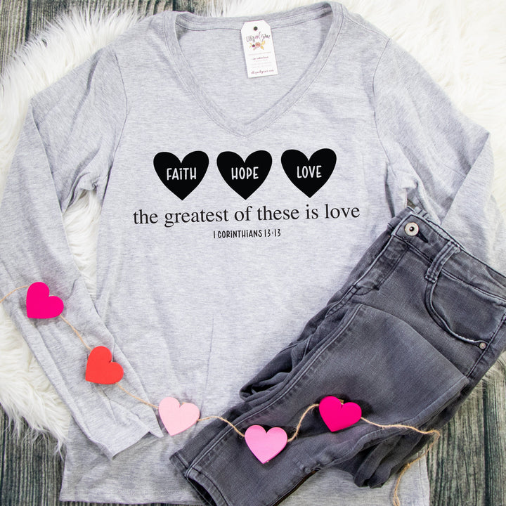 ellyandgrace LPC450VLS Faith Hope Love Hearts Longsleeve V-Neck