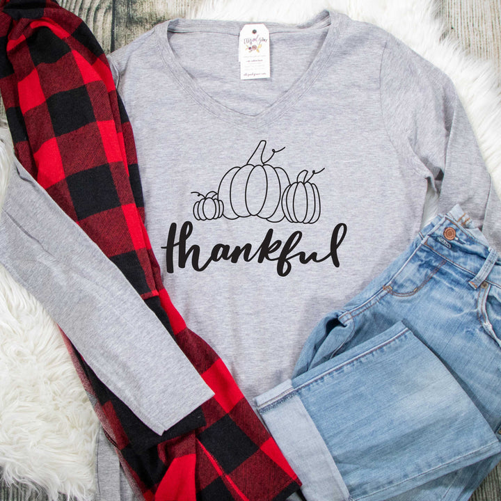 ellyandgrace LPC450VLS Ladies XS / Athletic Heather Thankful Pumpkins Longsleeve V-Neck