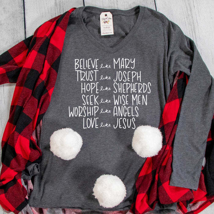 ellyandgrace LPC450VLS Ladies XS / Dark Heather Grey Believe like Mary Longsleeve V-Neck