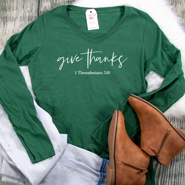 ellyandgrace LPC450VLS Ladies XS / Forest Green Give Thanks Longsleeve V-Neck