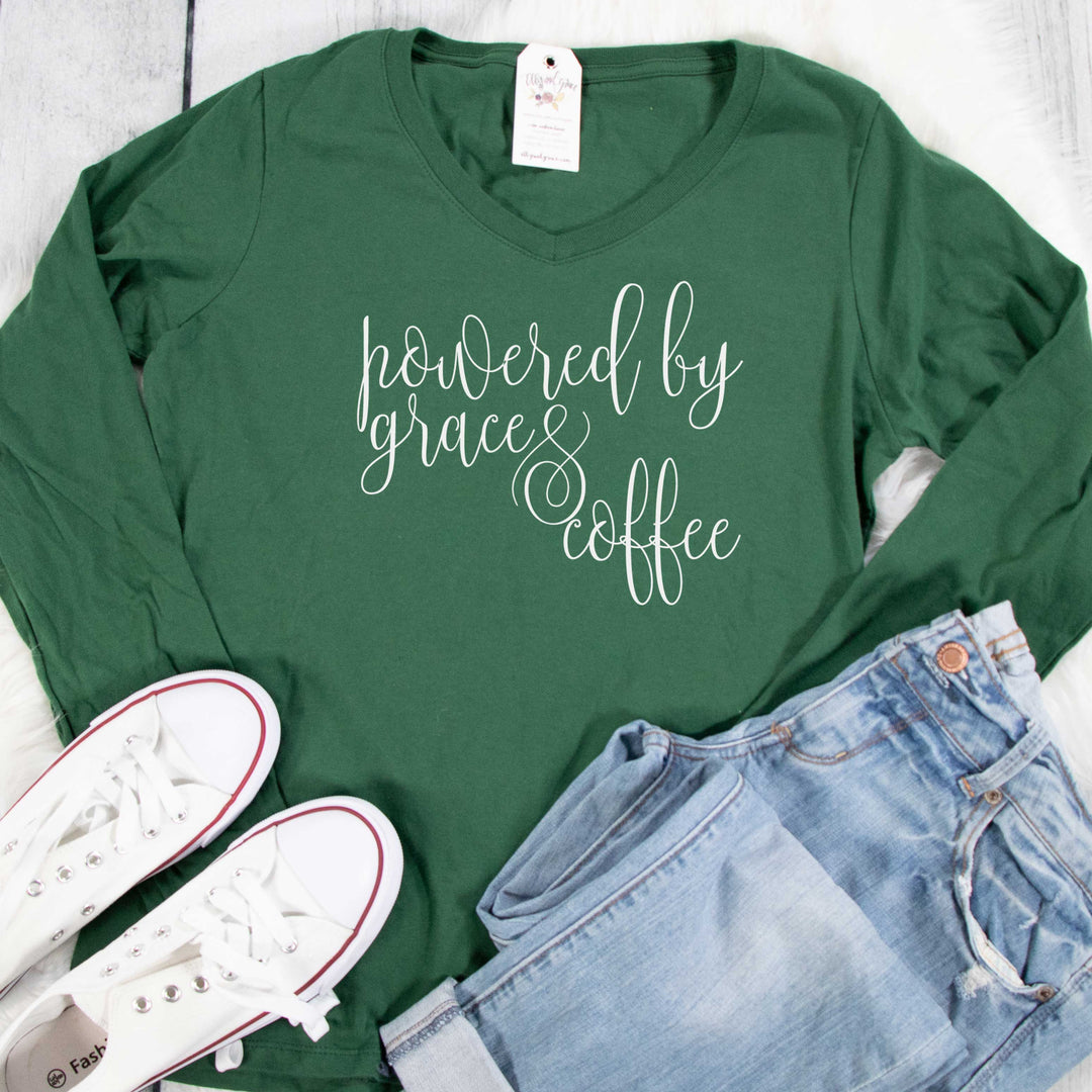 ellyandgrace LPC450VLS Ladies XS / Forest Green Powered by Grace and Coffee Longsleeve V-Neck