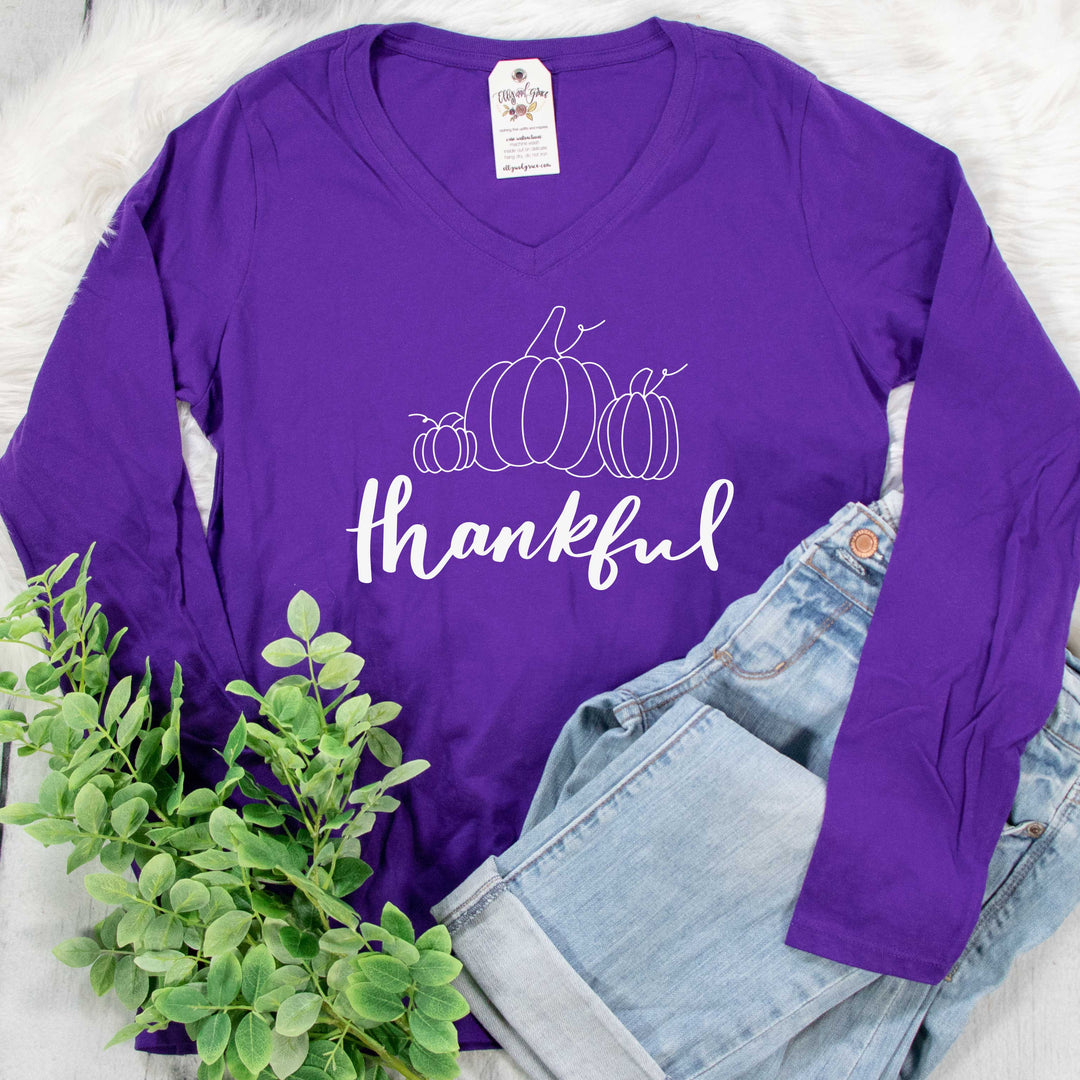 ellyandgrace LPC450VLS Ladies XS / Team Purple Thankful Pumpkins Longsleeve V-Neck