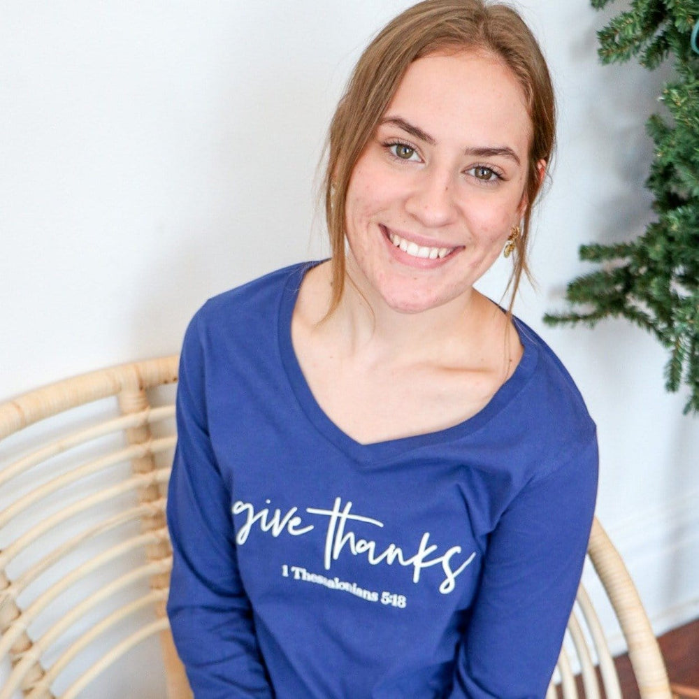 ellyandgrace LPC450VLS Ladies XS / True Royal Give Thanks Longsleeve V-Neck