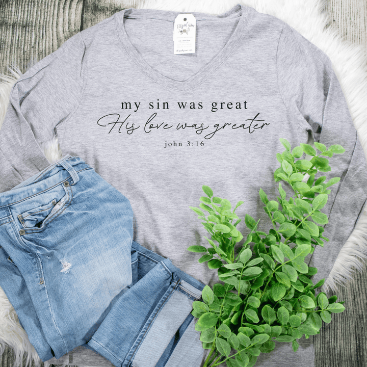 ellyandgrace LPC450VLS My Sin Was Great, His Love Was Greater Longsleeve V-Neck