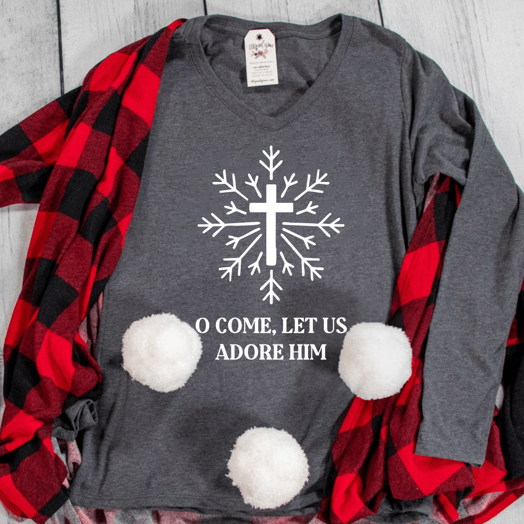 ellyandgrace LPC450VLS Snowflake O Come Let Us Adore Him Longsleeve V-Neck