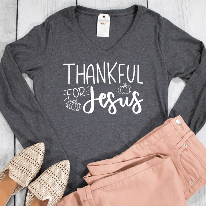 ellyandgrace LPC450VLS Thankful for Jesus Longsleeve V-Neck