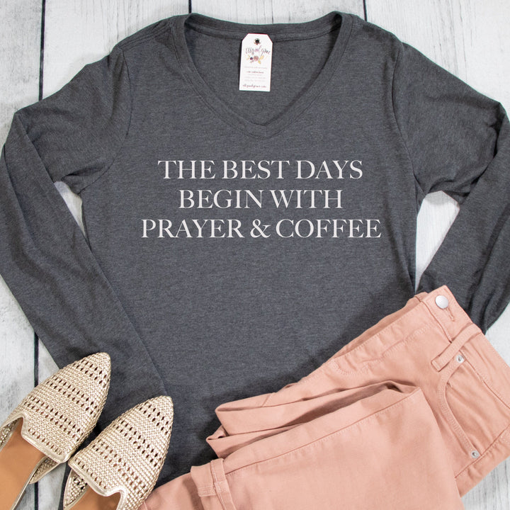 ellyandgrace LPC450VLS The Best Days Begin With Prayer And Coffee Longsleeve V-Neck