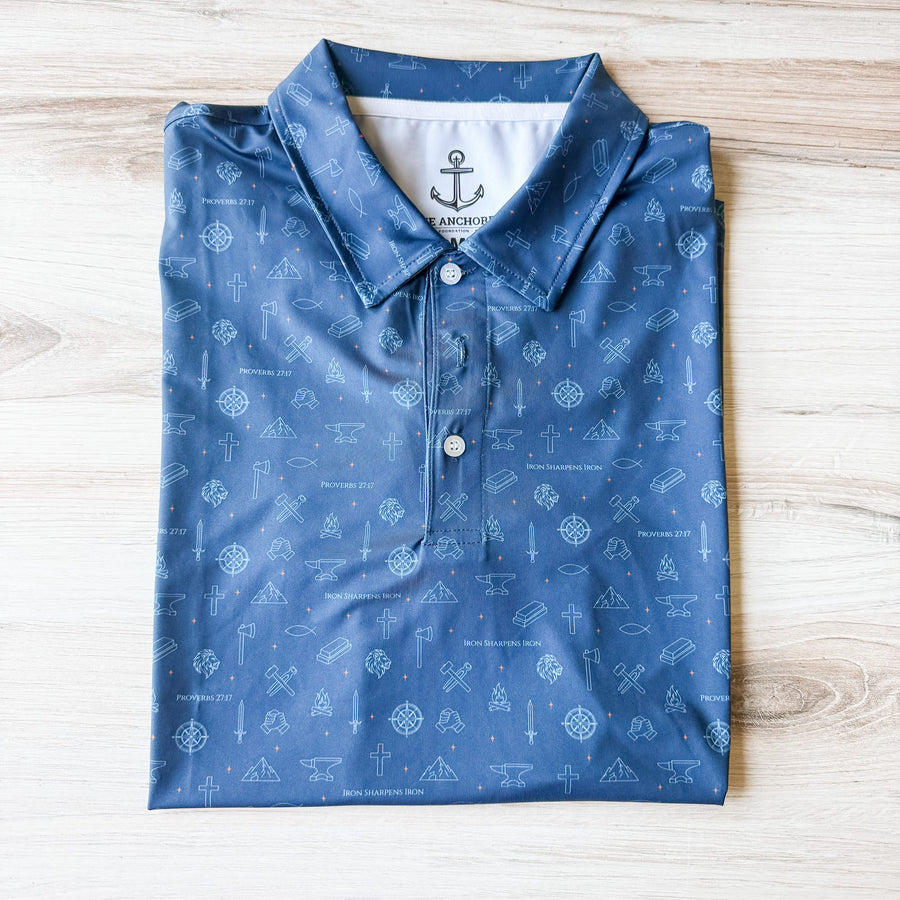 Iron Sharpens Iron polo fabric detail with hidden scripture