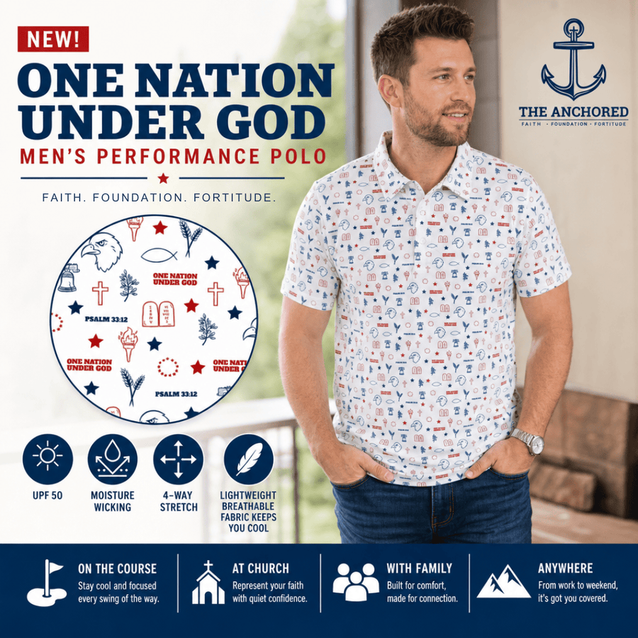 One Nation Under God patriotic Christian polo on the patio
