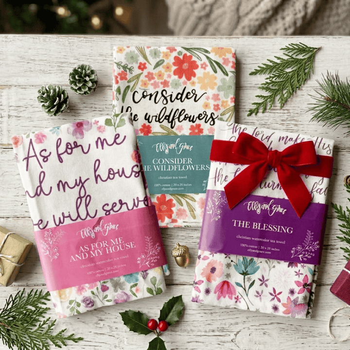 ellyandgrace Tea Towel 3-pc. Bundle: Christian Tea Towels- Consider The Wildflowers + As For Me + The Lord Bless You
