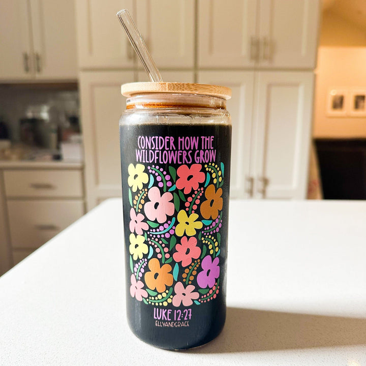 ellyandgrace Tumbler 20oz Consider The Wildflowers Inspirational Glass Tumbler