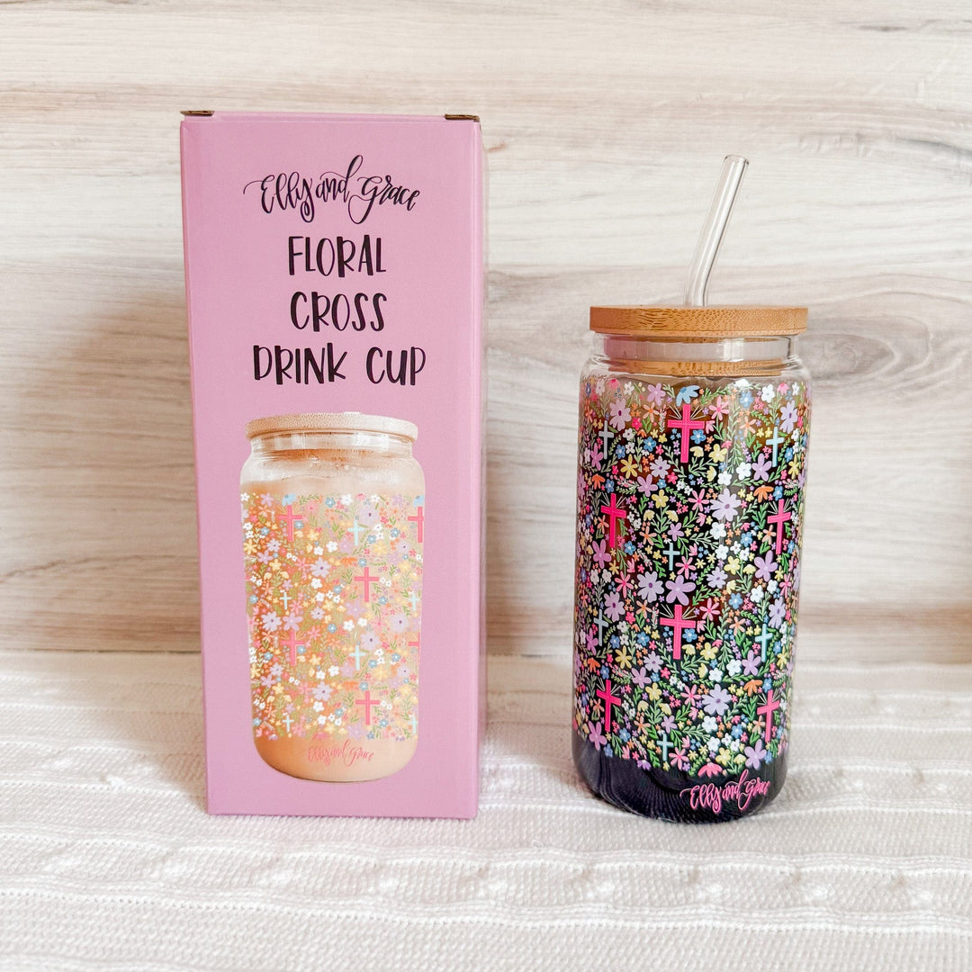ellyandgrace Tumbler 20oz Floral Cross Inspirational Glass Tumbler