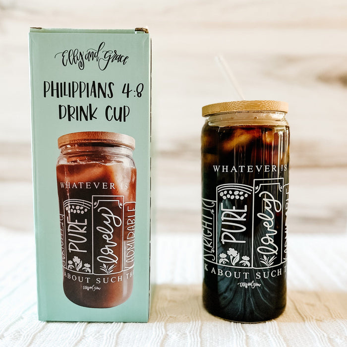 ellyandgrace Tumbler 20oz Philippians 4:8 Inspirational Glass Tumbler