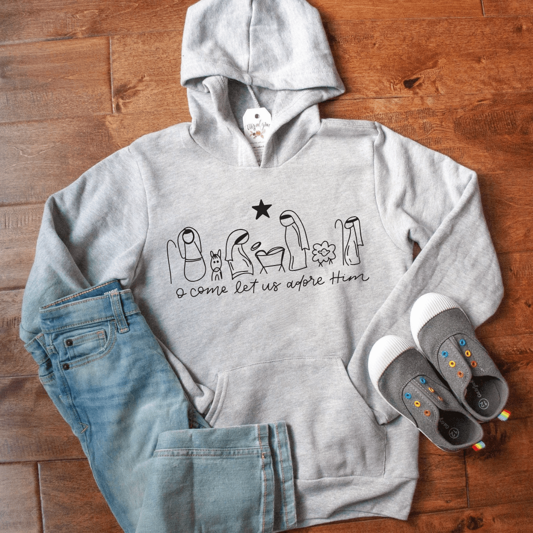 ellyandgrace YTH3719 Manger O Come Let Us Adore Him Premium Kids Hoodie