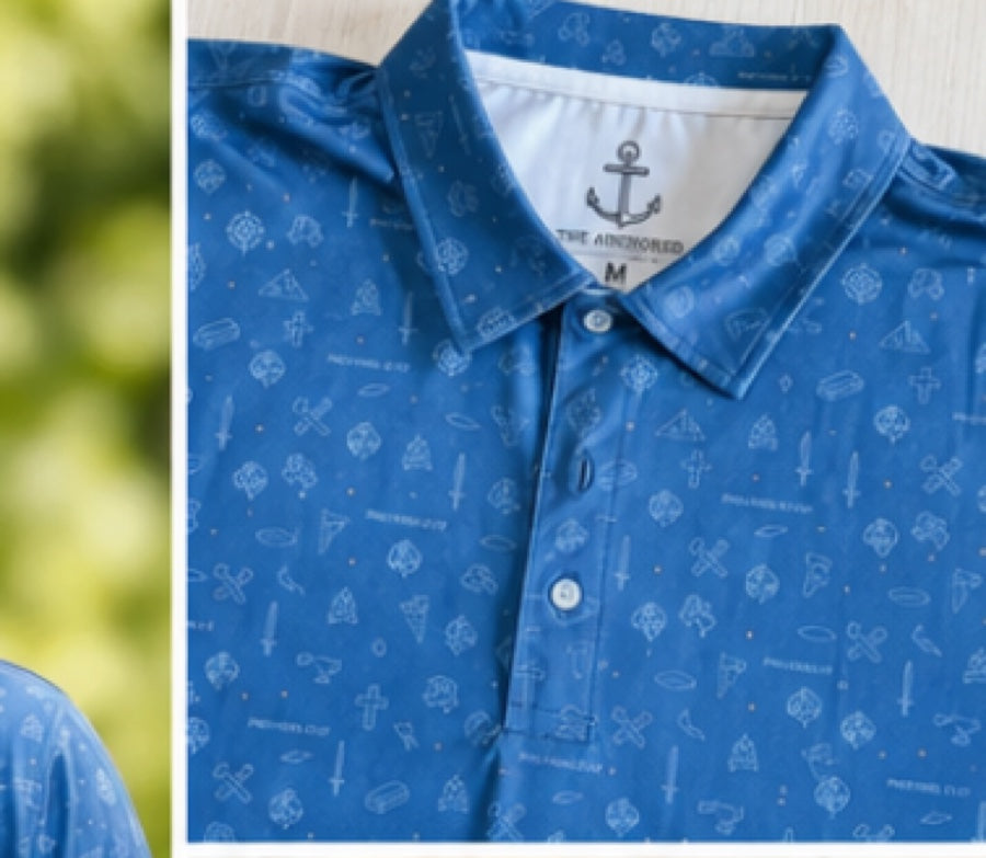 Hidden scripture and anchor detail in the Christian polo collar print