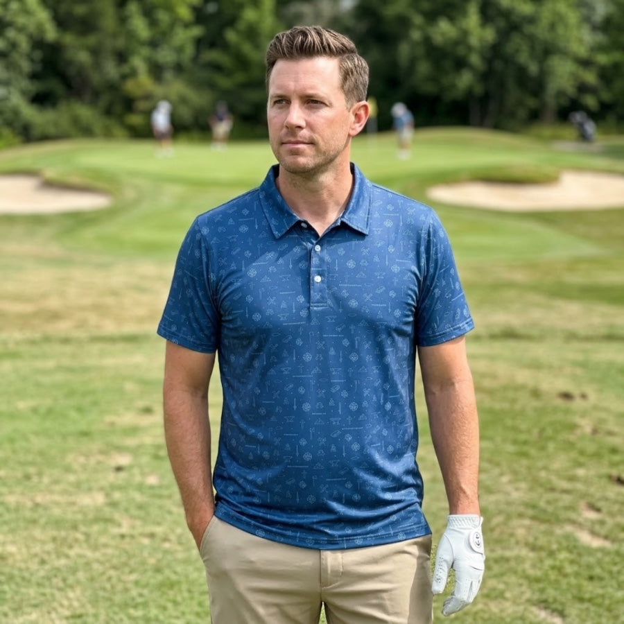Iron Sharpens Iron Christian men's golf polo worn on the golf course