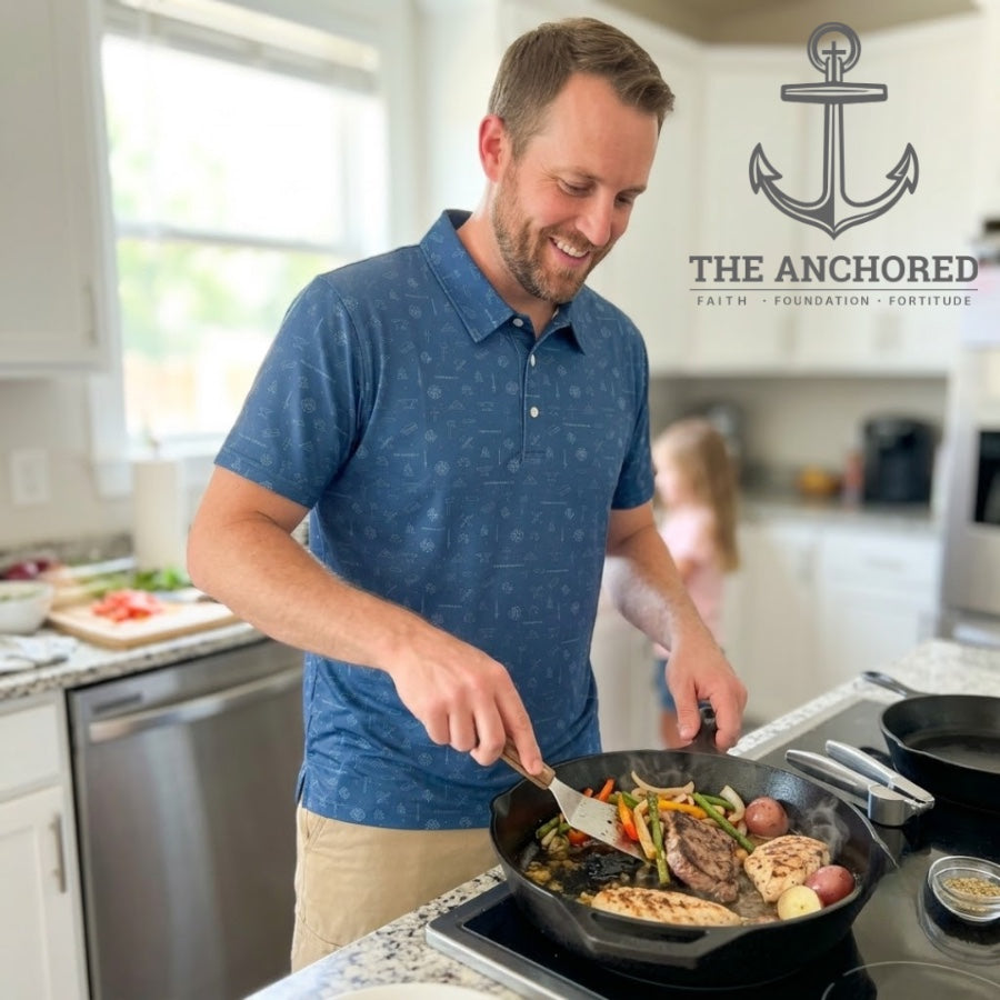 Christian men's polo shirt worn at home with family