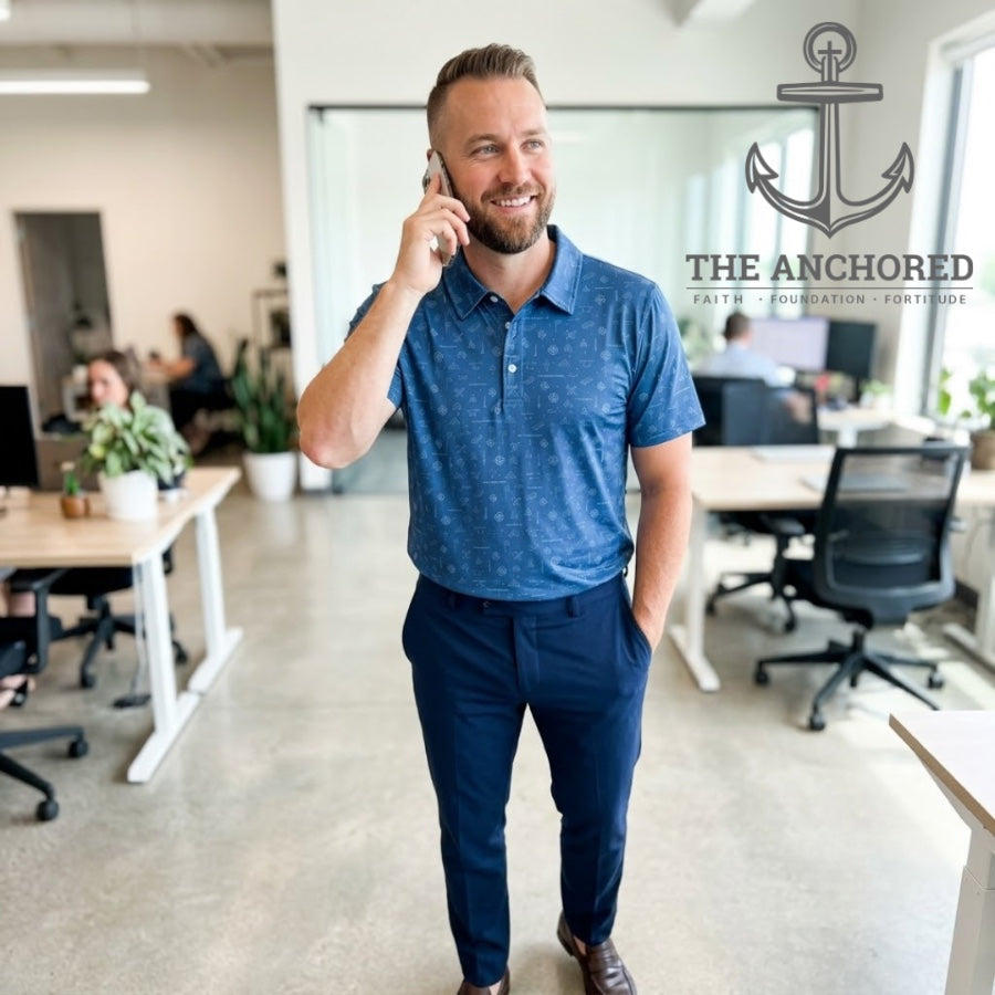Christian men's performance polo worn at the office