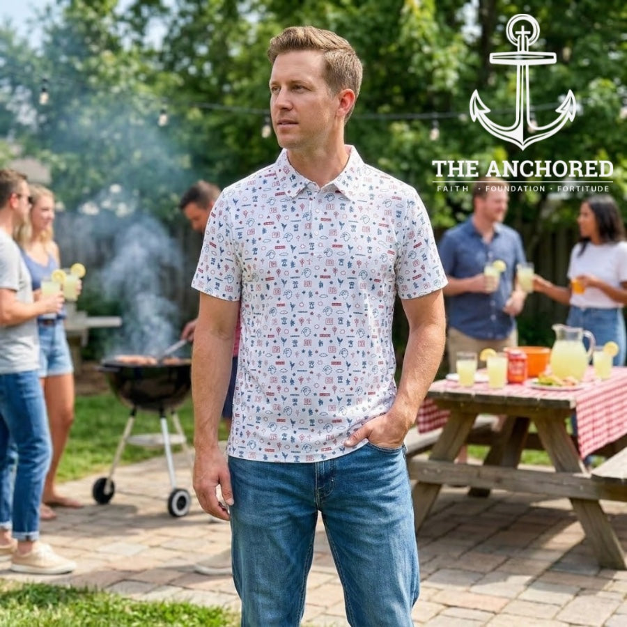 Patriotic Christian men's polo at a family cookout
