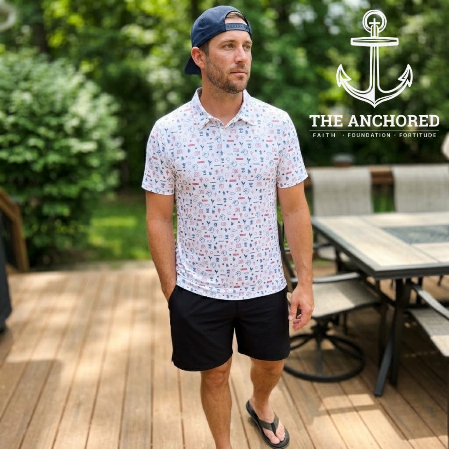 Patriotic Christian golf shirt on the patio on a weekend